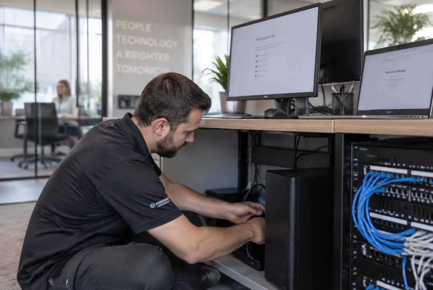 Technicien Expert Informatique installant un nouveau poste de travail et le réseau dans les locaux d'une entreprise